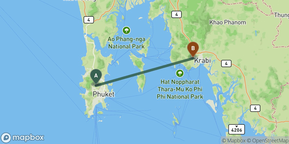 Map showing route from Phuket to Krabi - 61 km