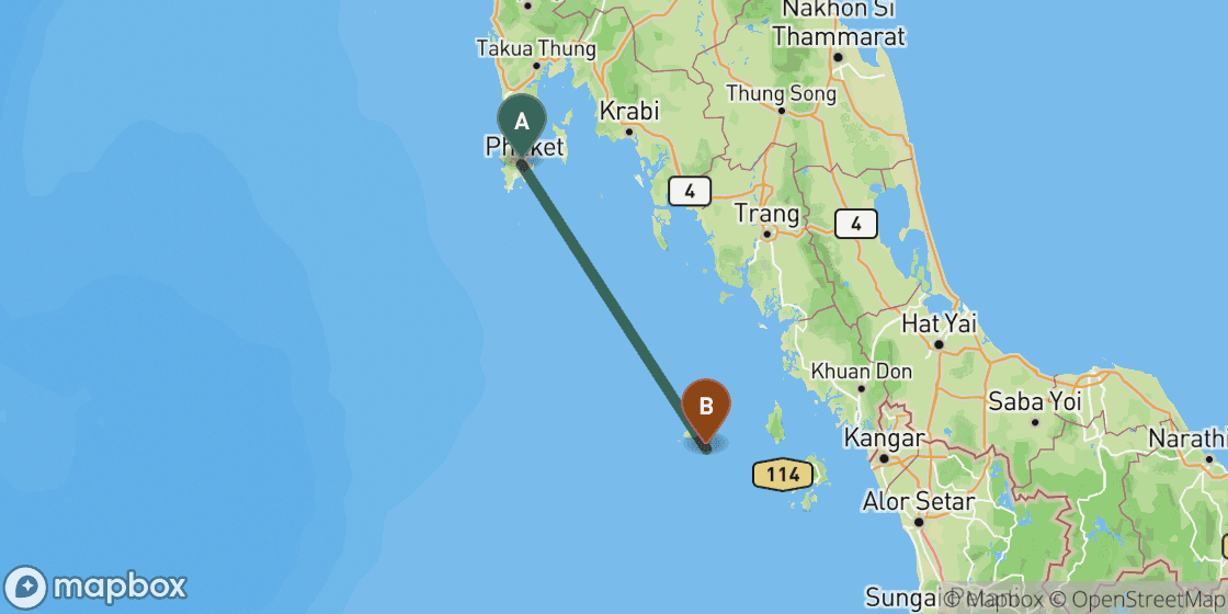 Map showing route from Phuket to Koh Lipe - 184 km