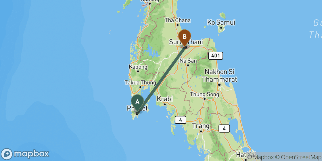 Map showing route from Phuket to Surat Thani - 173 km