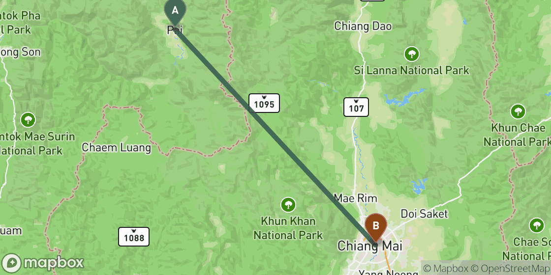 Map showing route from Pai to Chiang Mai - 81 km