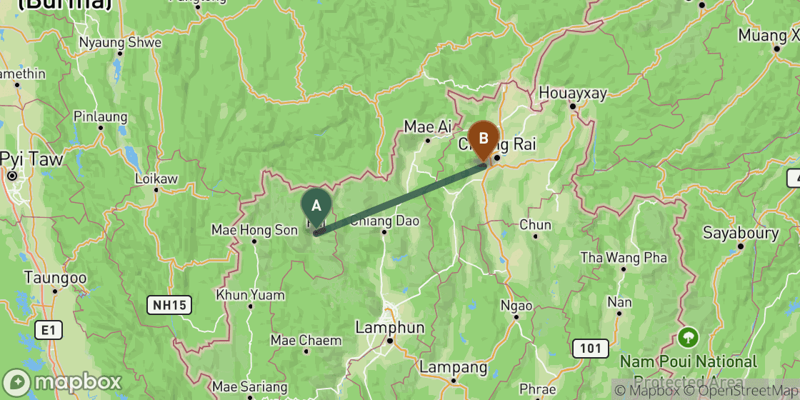 Map showing route from Pai to Chiang Rai - 156 km