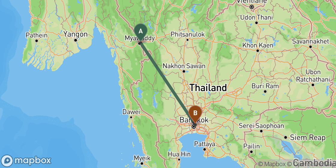 Map showing route from Mae Sot to Bangkok - 390 km