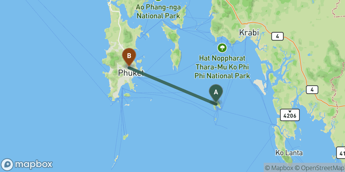 Map showing route from Koh Phi Phi to Phuket - 47 km