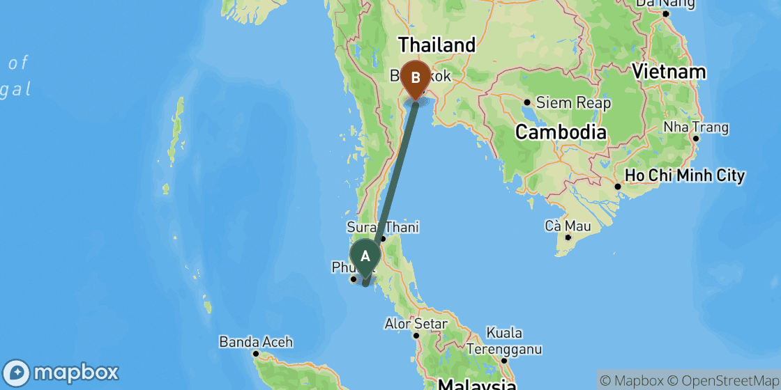 Map showing route from Koh Phi Phi to Bangkok - 701 km