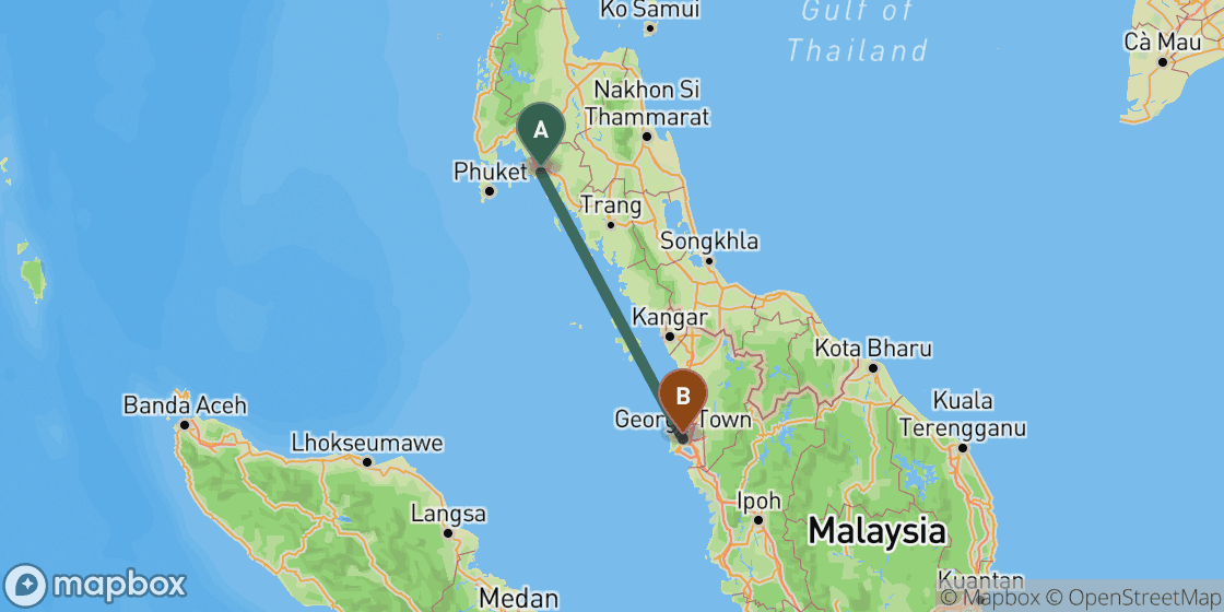 Mapa que muestra la ruta de Krabi a Penang - 336 km
