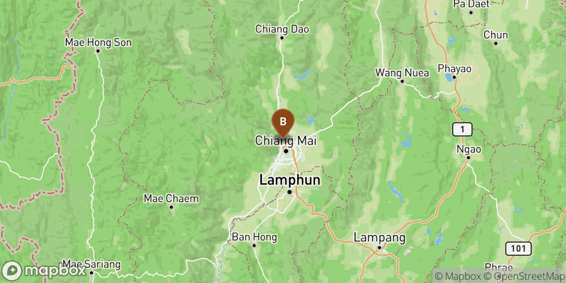 Map showing route from Chiang Mai Railway Station to Chiang Mai City Centre - 5 km