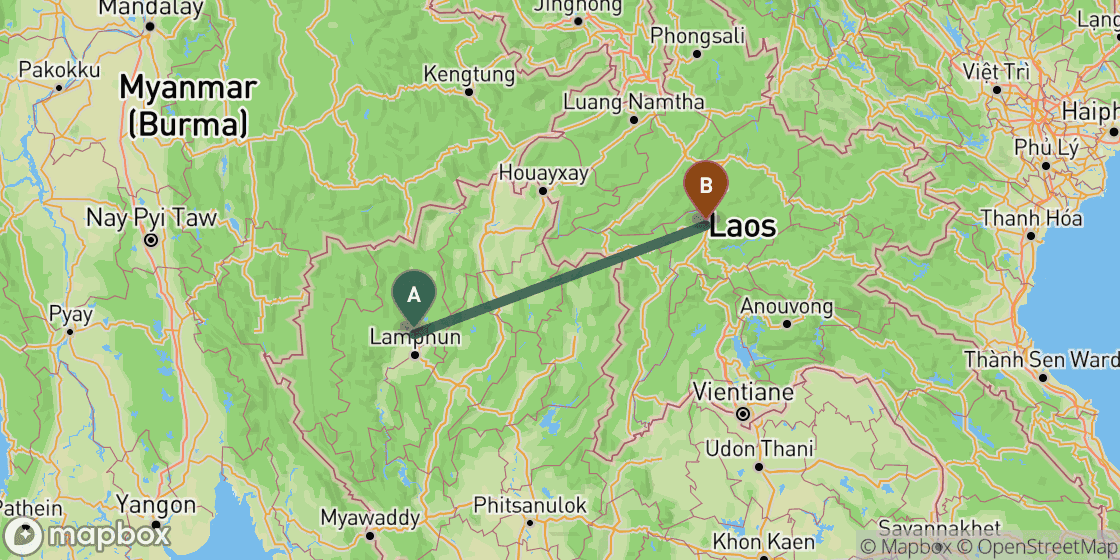 Mapa que muestra la ruta de Chiang Mai a Luang Prabang - 352 km
