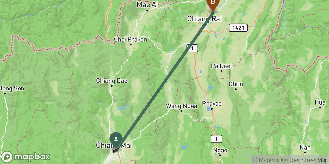 Map showing route from Chiang Mai to Chiang Rai - 148 km