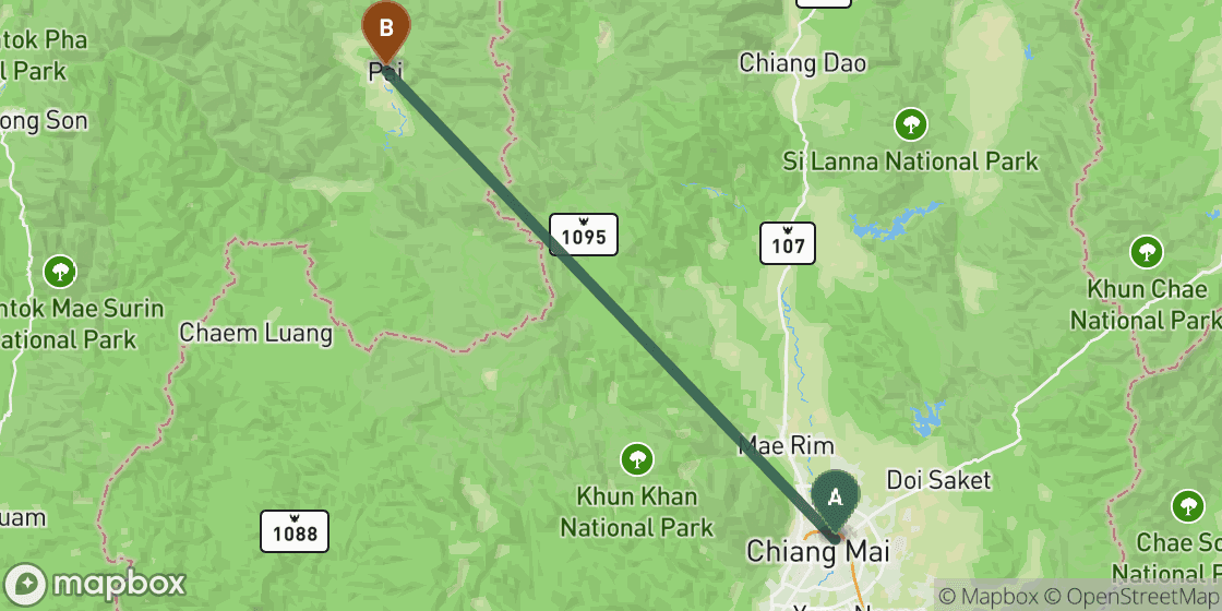 Map showing route from Chiang Mai to Pai - 81 km