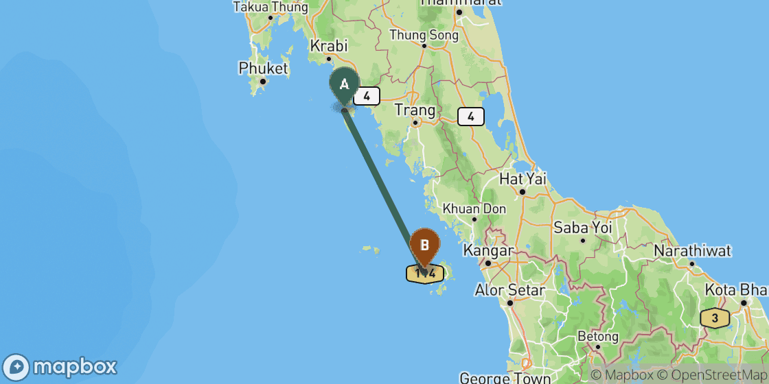 Karte mit der Route von Koh Lanta nach Langkawi - 162 km