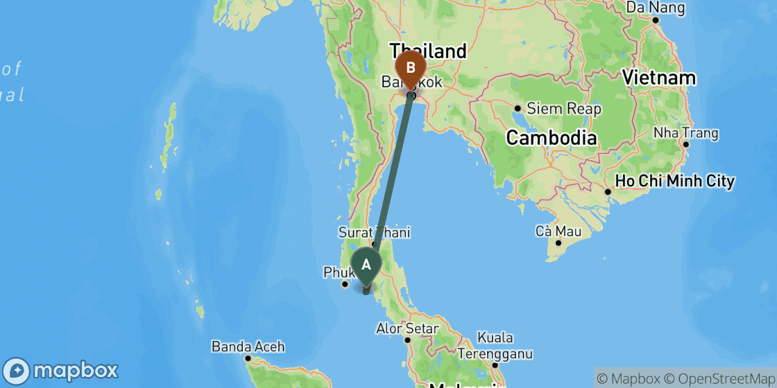 Map showing route from Koh Lanta to Bangkok - 701 km