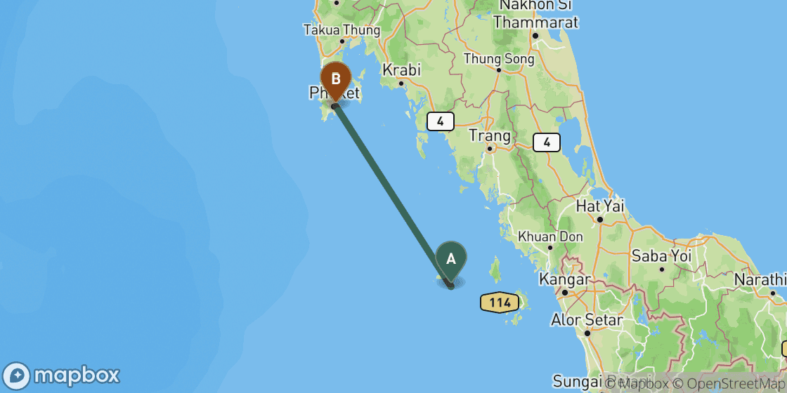 Map showing route from Koh Lipe to Phuket - 184 km
