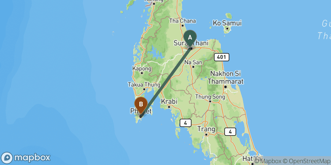 Map showing route from Surat Thani to Phuket - 173 km
