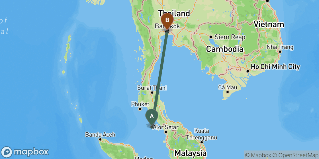 Map showing route from Koh Lipe to Bangkok - 818 km