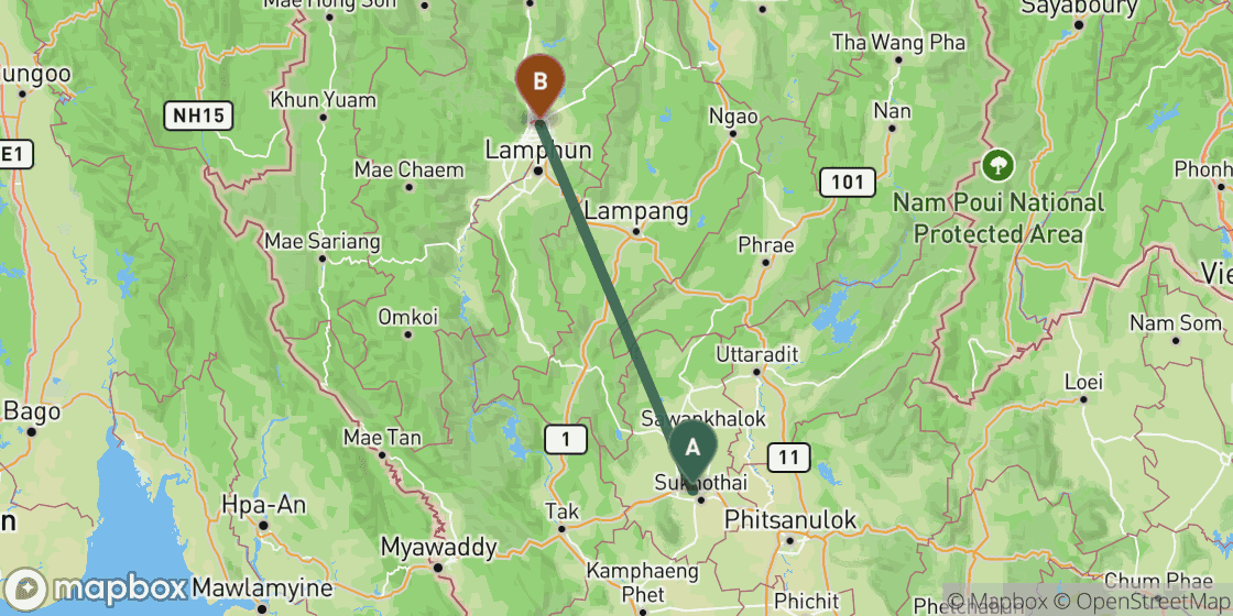 Map showing route from Sukhothai to Chiang Mai - 223 km