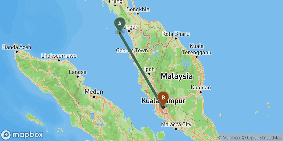 Map showing route from Langkawi to Kuala Lumpur - 413 km