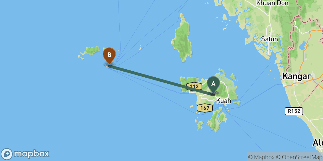 Map showing route from Langkawi to Koh Lipe - 57 km