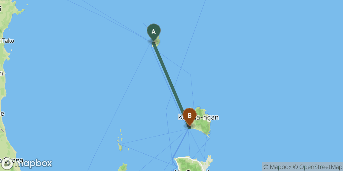 Map showing route from Koh Tao to Koh Phangan - 44 km