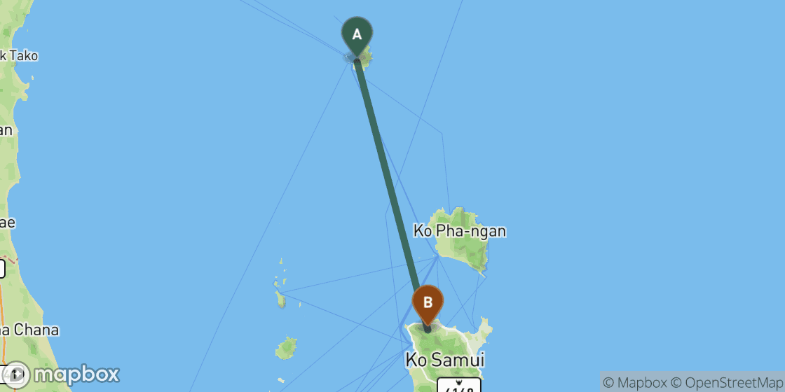 Map showing route from Koh Tao to Koh Samui - 68 km