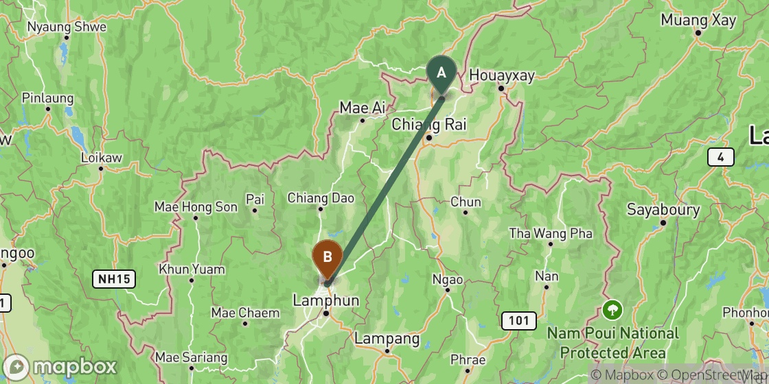 Map showing route from Chiang Rai to Chiang Mai - 148 km