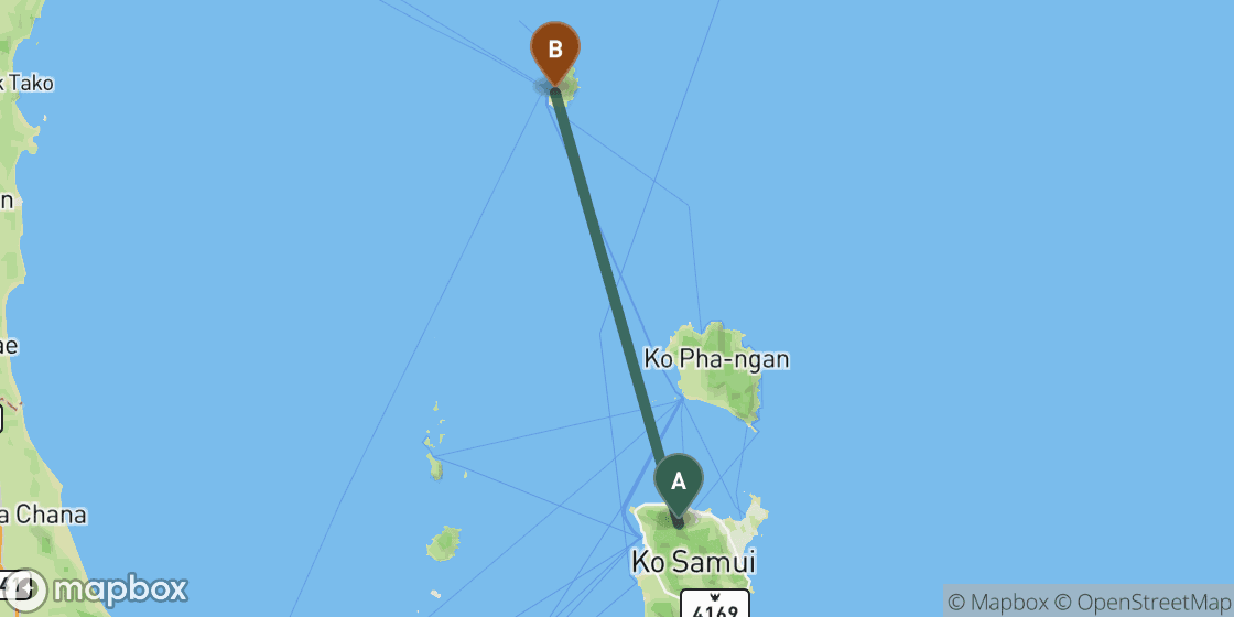 Map showing route from Koh Samui to Koh Tao - 68 km