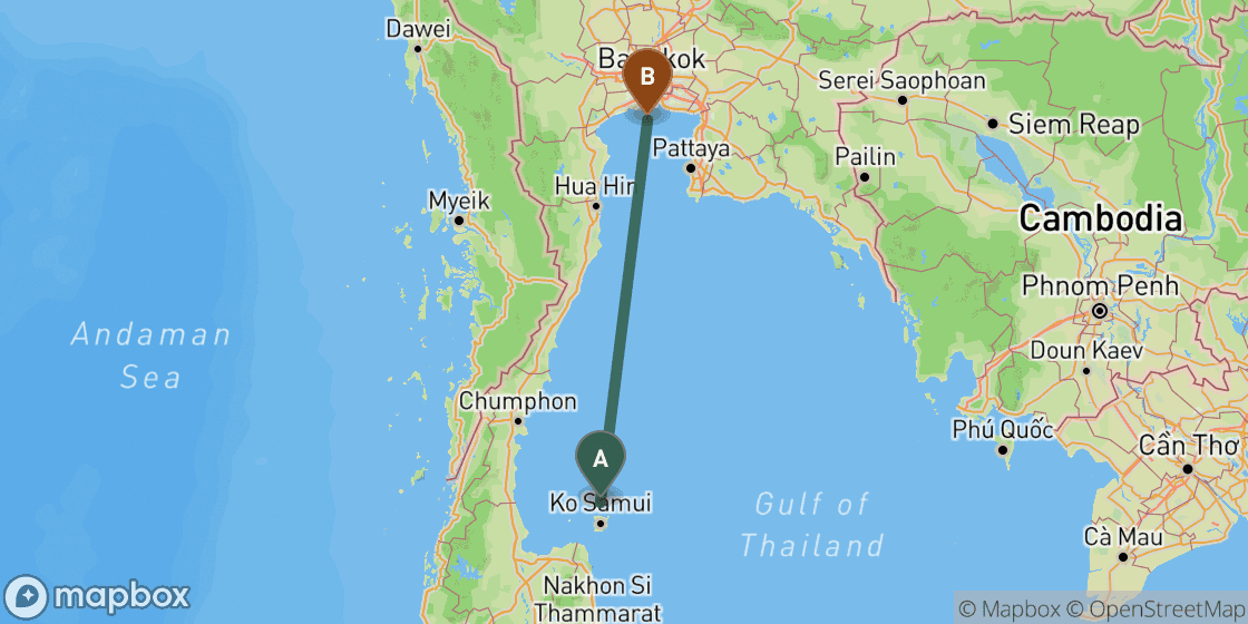 Map showing route from Koh Phangan to Bangkok - 449 km