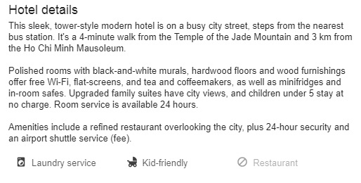Google hotel meta search:: Hotel description