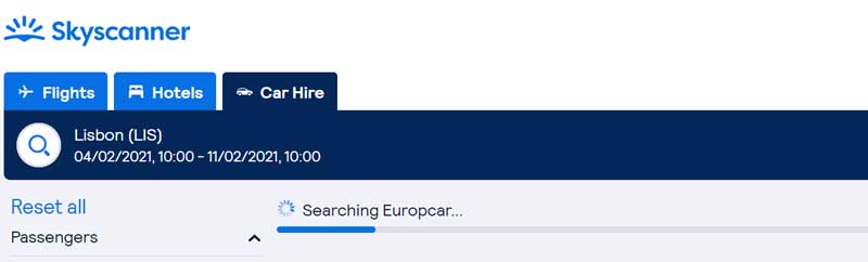 Car rental search on Skyscanner