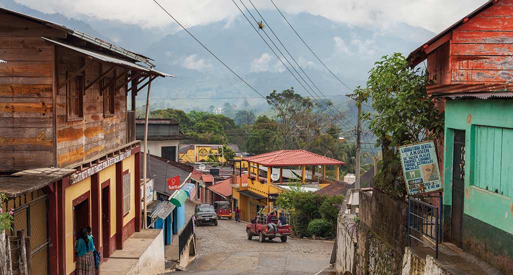 streets of Lanquin with a mountain view