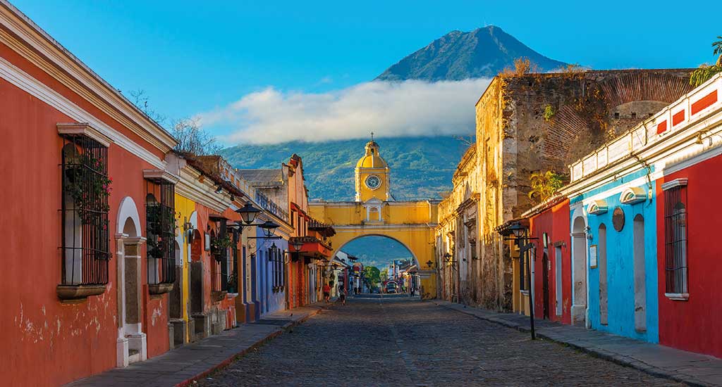 Street of Antigua with Volcano on the background