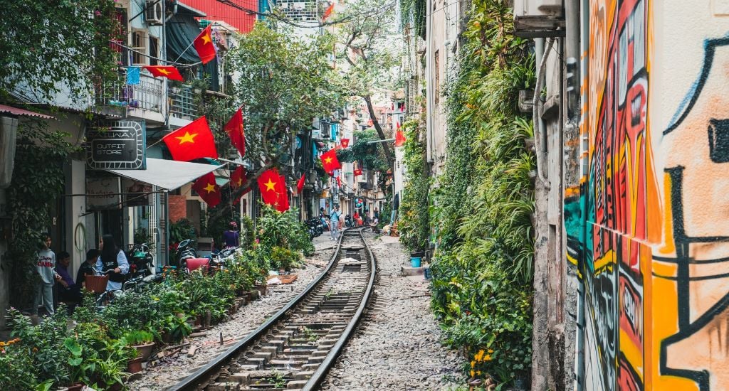Railway track running through the centre of Hanoi