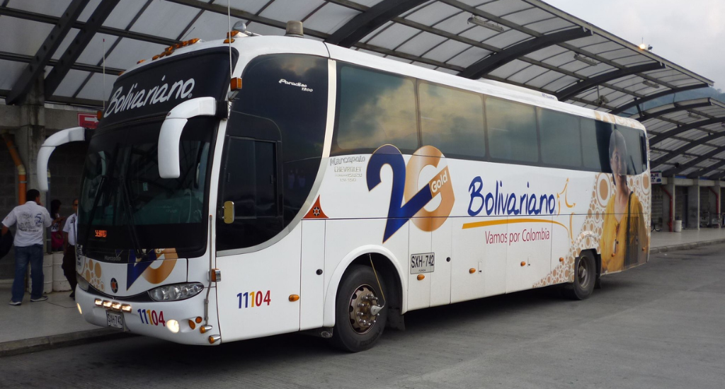 Expreso Bolivariano bus parked in a bus station in Colombia