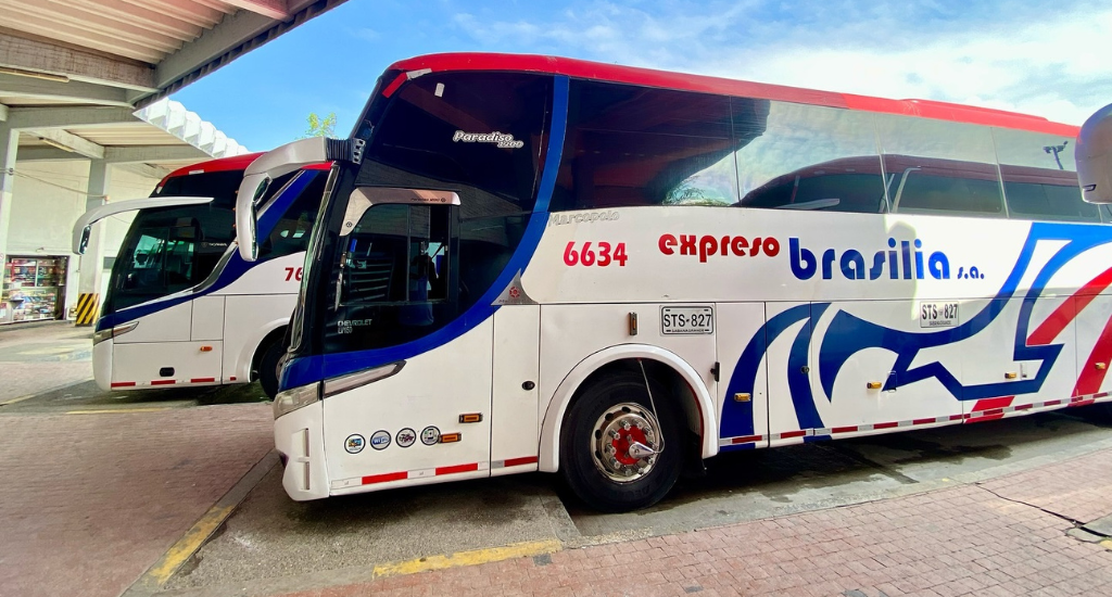 Expreso Brasilia bus parked in a bus station in Colombia