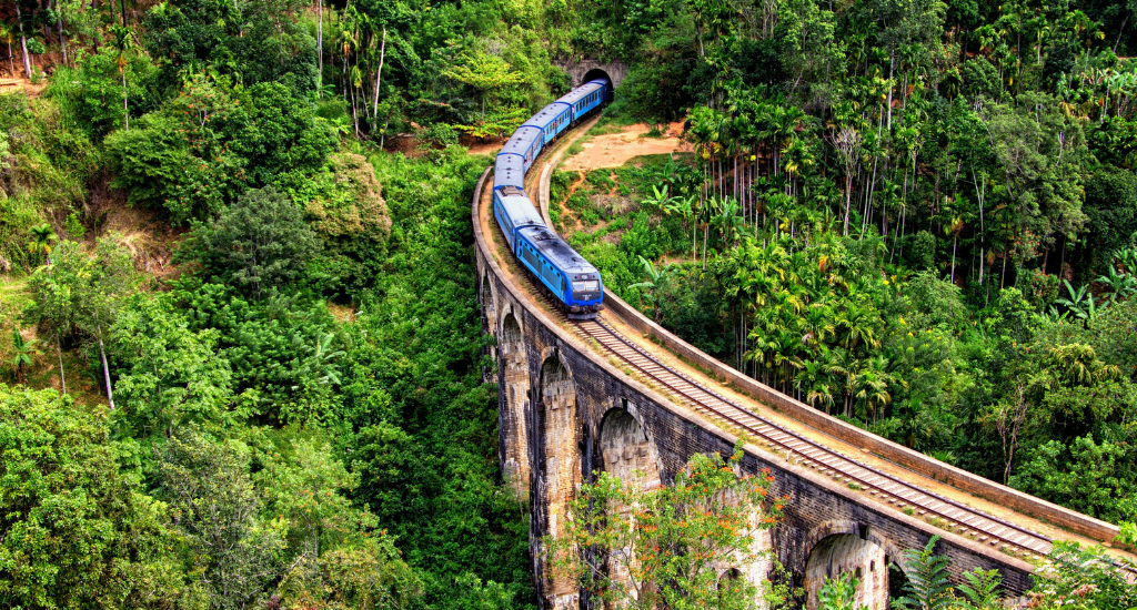 Train passing by the Nine Arch Bridge in Ella, Sri Lanka